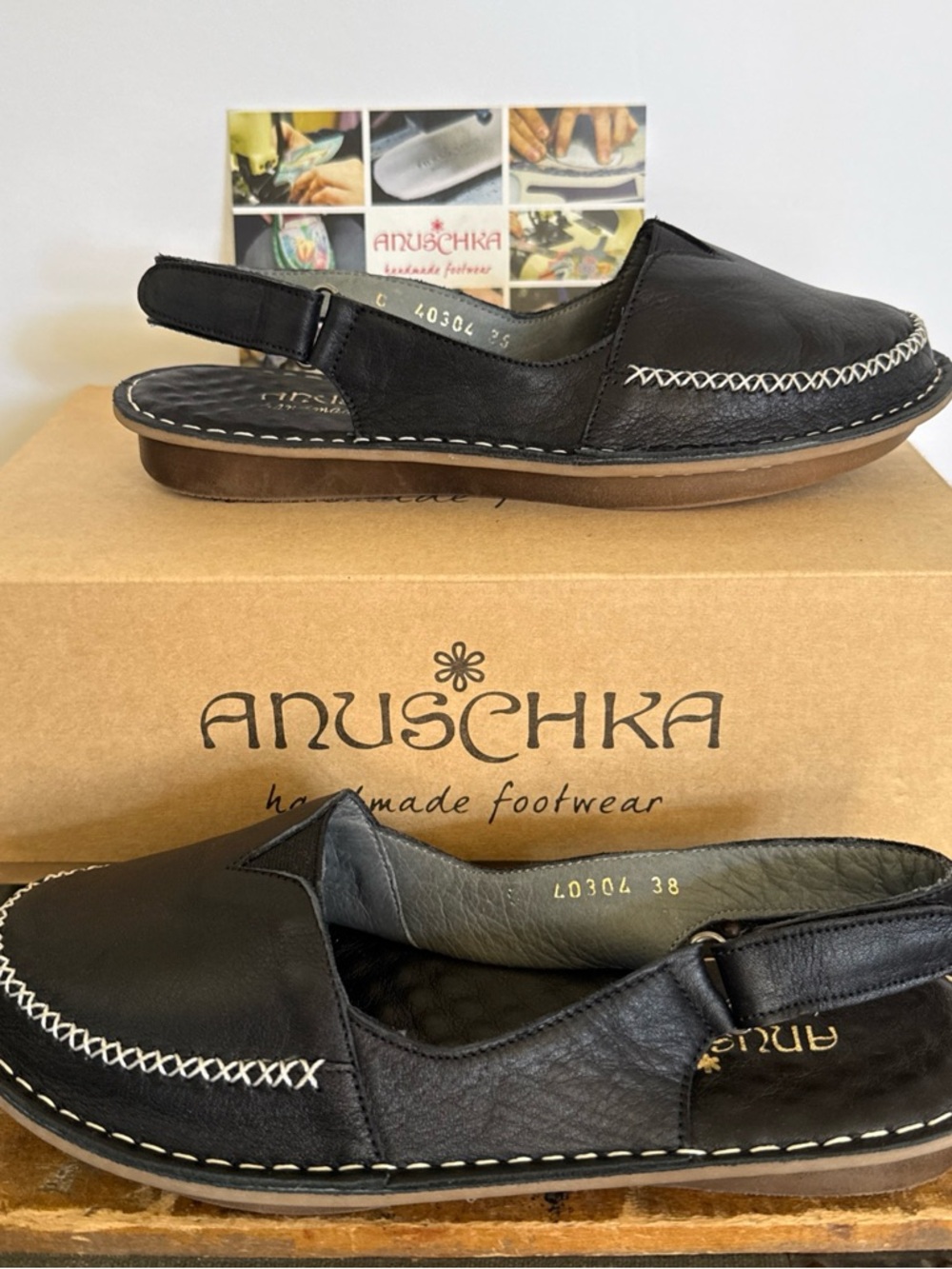 Anuschka Womens Black Genuine Leather Sling Back Sandals Handmade Sz 6 Boho - Picture 3 of 11